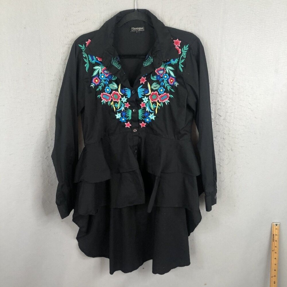 Bohemian Embroidery Top Womens Large Black Whimsigoth Victorian Feminine Artsy